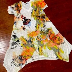 Top ligne White French Bulldog Art Deco Print Casual Swing Knit Dress Sz Sm